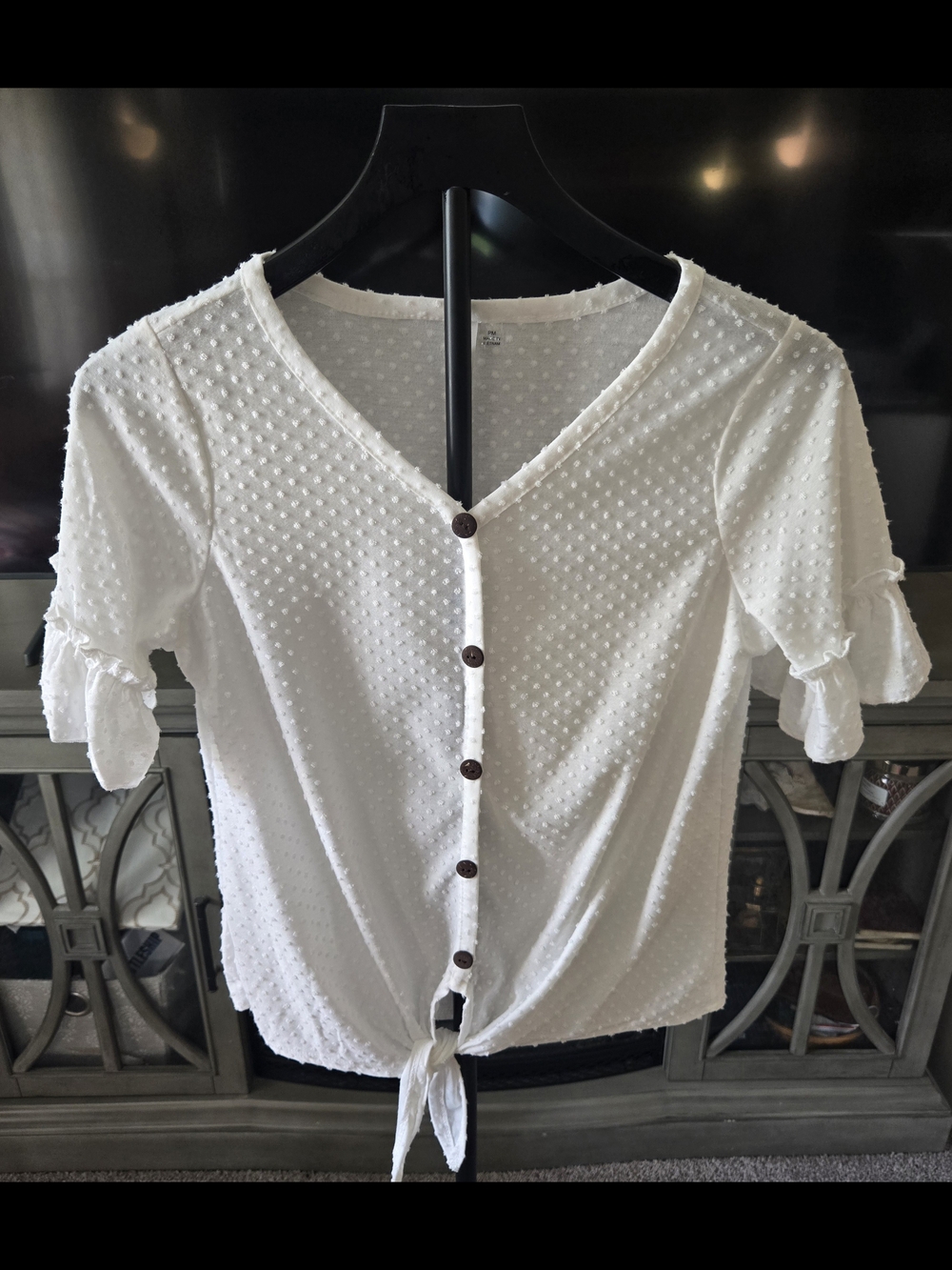NY Collection White Swiss Dot Button-Front Tie Top